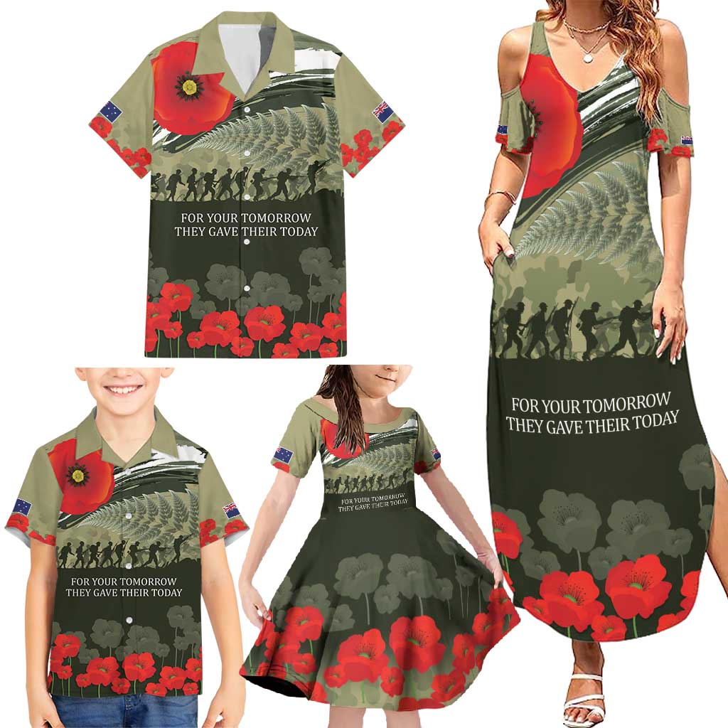 ANZAC Day We Remember Family Matching Summer Maxi Dress and Hawaiian Shirt Maori Silver Fern Camouflage Motif