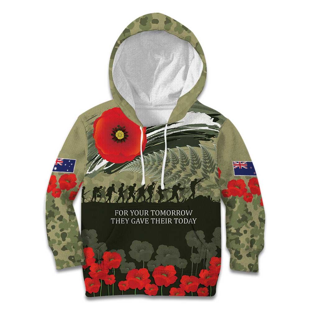 ANZAC Day We Remember Kid Hoodie Maori Silver Fern Camouflage Motif