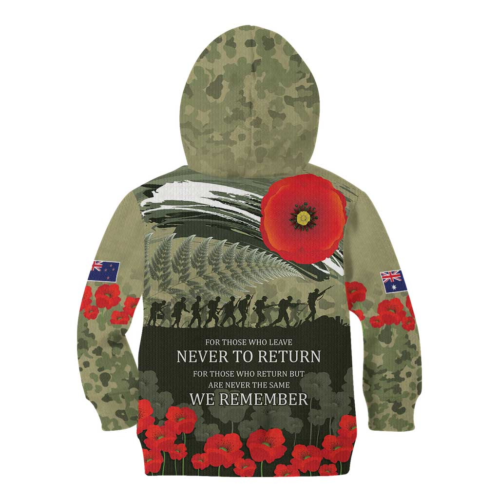 ANZAC Day We Remember Kid Hoodie Maori Silver Fern Camouflage Motif