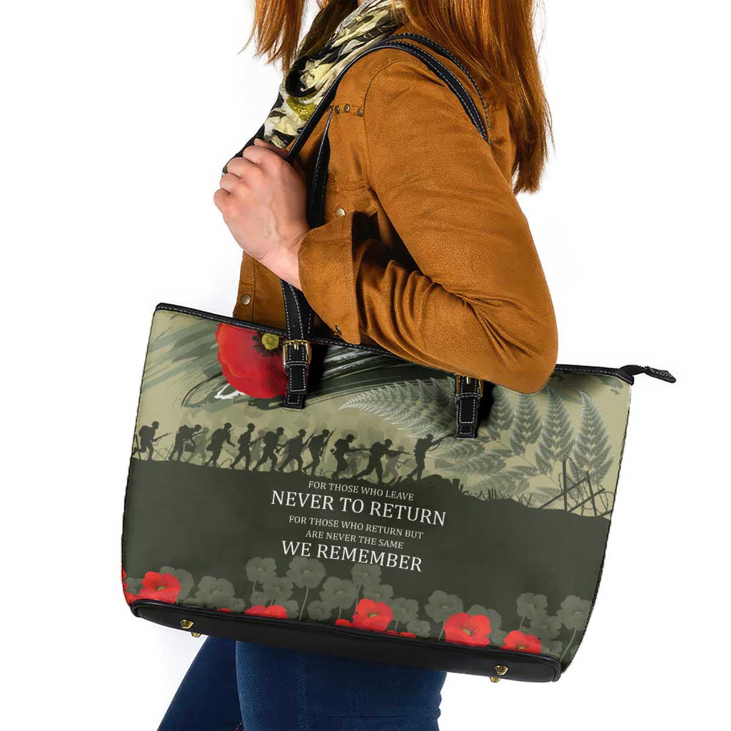 ANZAC Day We Remember Leather Tote Bag Maori Silver Fern Camouflage Motif