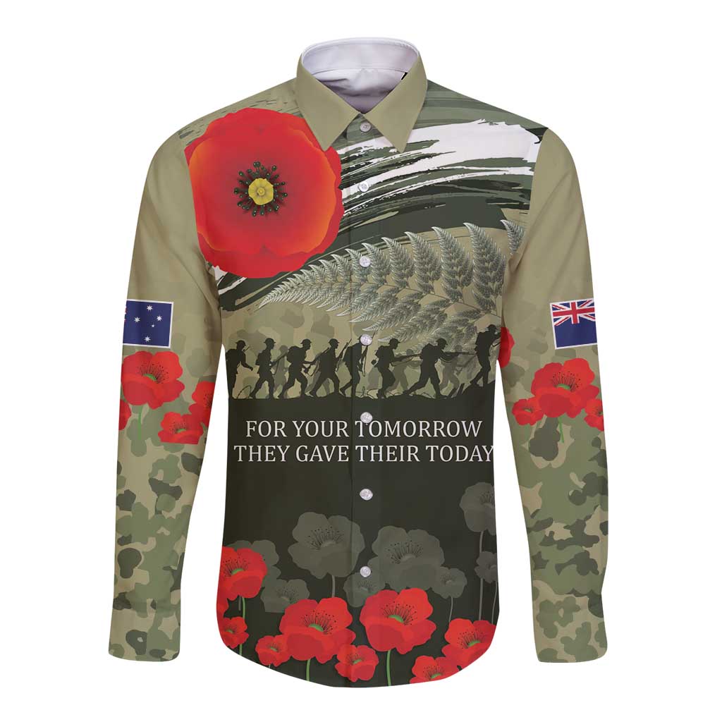 ANZAC Day We Remember Long Sleeve Button Shirt Maori Silver Fern Camouflage Motif