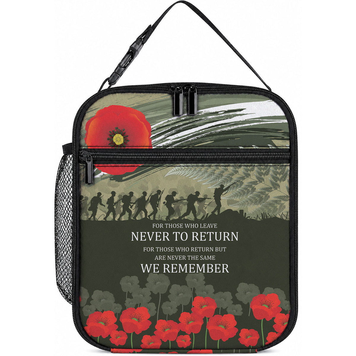 ANZAC Day We Remember Lunch Bag Maori Silver Fern Camouflage Motif LT9 10.2 × 8.3 × 4.3 inch Green - Polynesian Pride