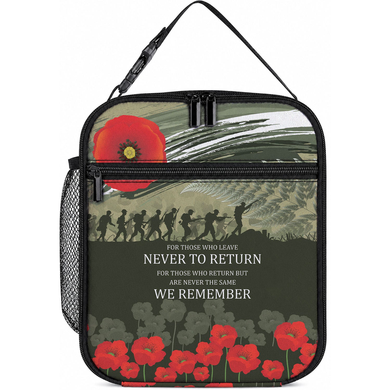 ANZAC Day We Remember Lunch Bag Maori Silver Fern Camouflage Motif LT9 10.2 × 8.3 × 4.3 inch Green - Polynesian Pride