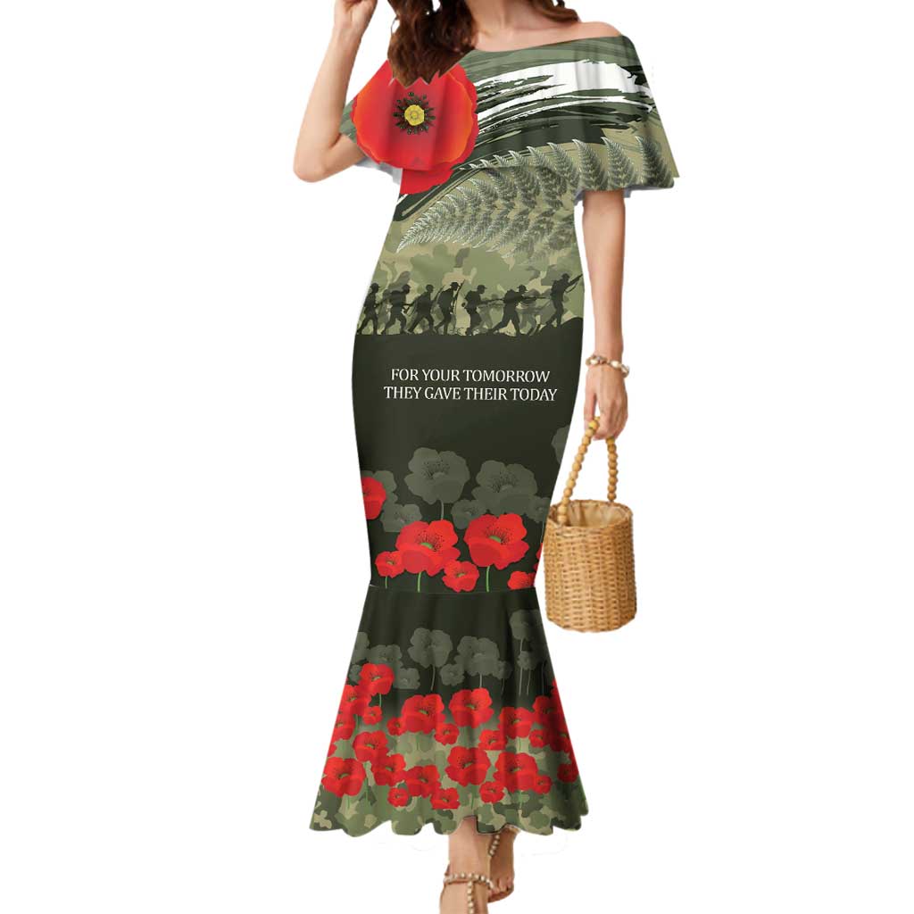 ANZAC Day We Remember Mermaid Dress Maori Silver Fern Camouflage Motif