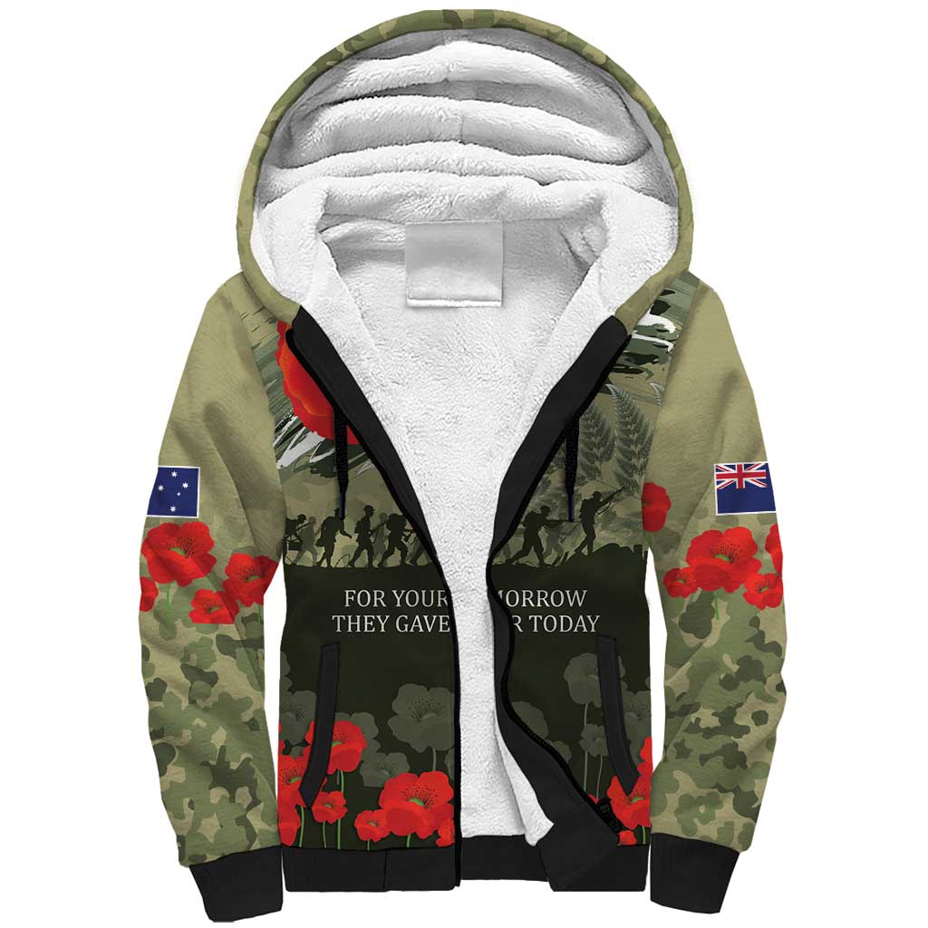 ANZAC Day We Remember Sherpa Hoodie Maori Silver Fern Camouflage Motif