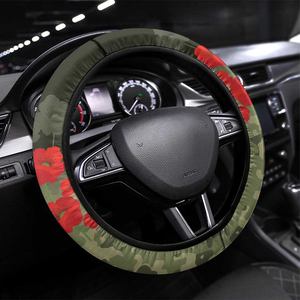 ANZAC Day We Remember Steering Wheel Cover Maori Silver Fern Camouflage Motif