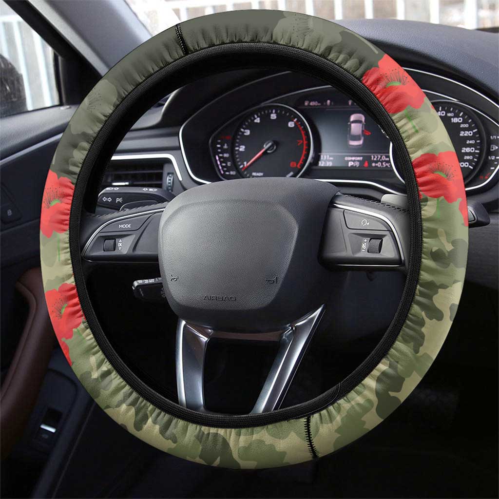 ANZAC Day We Remember Steering Wheel Cover Maori Silver Fern Camouflage Motif