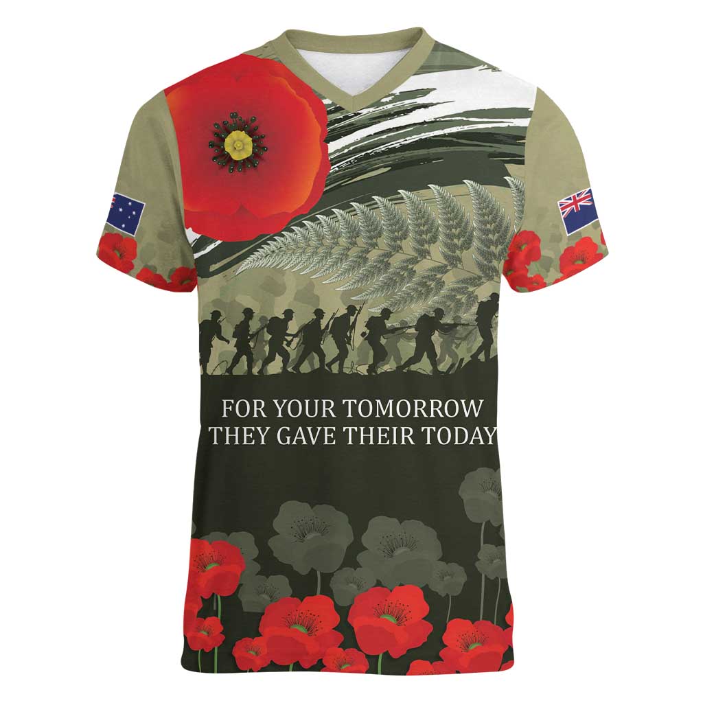 ANZAC Day We Remember Women V-Neck T-Shirt Maori Silver Fern Camouflage Motif