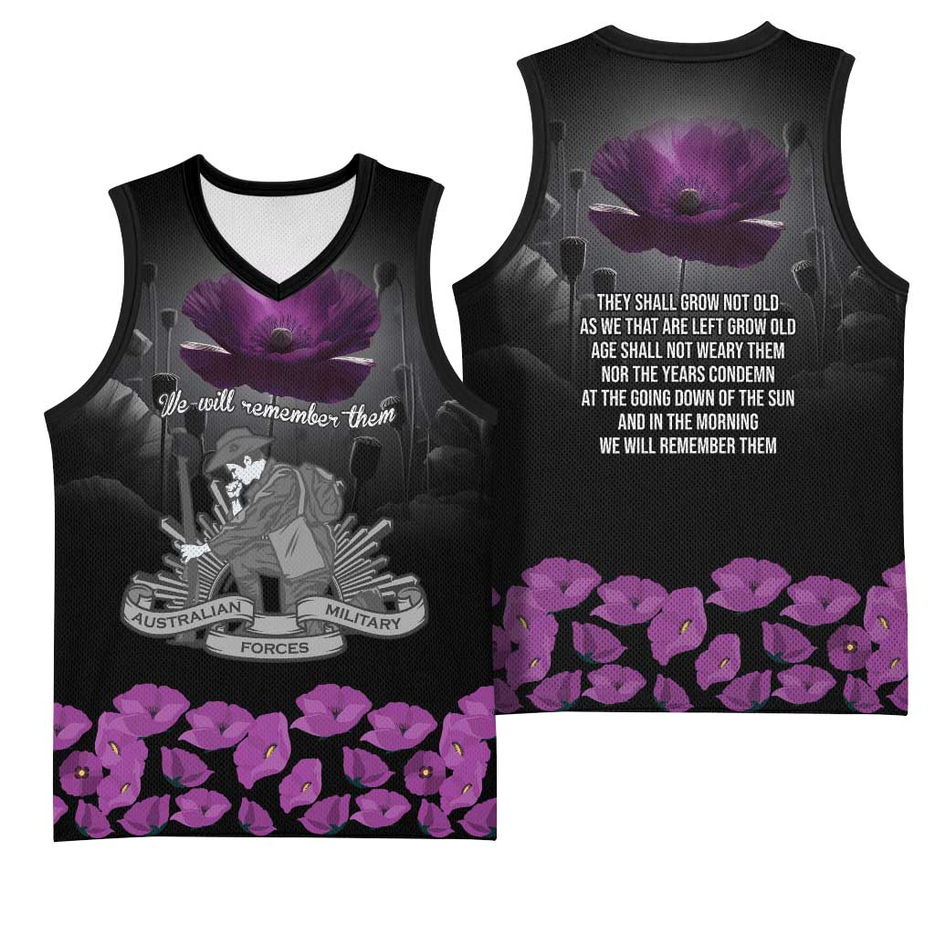 ANZAC Day Remembrance Basketball Jersey Purple Poppy We Will Remember Them