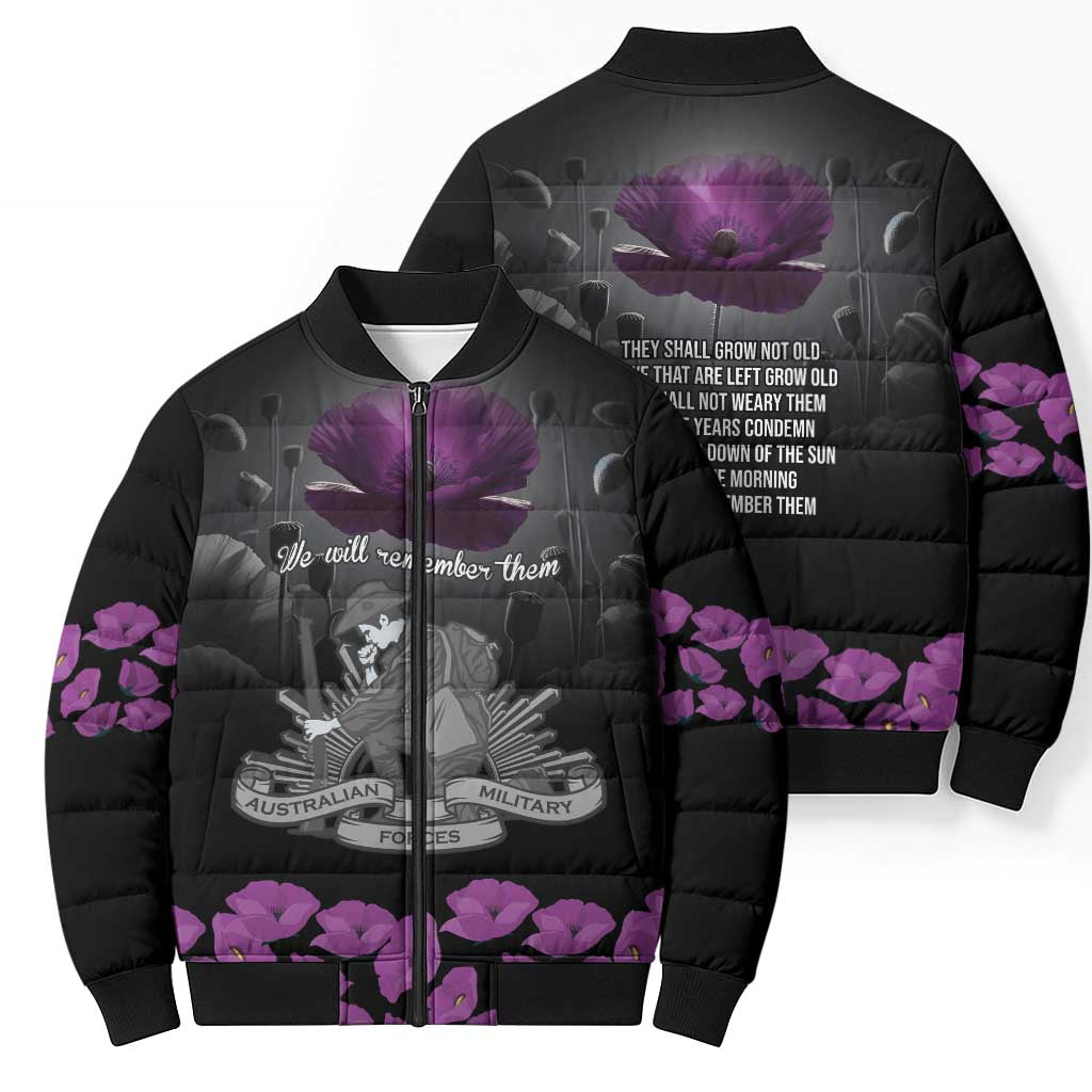 ANZAC Day Remembrance Bomber Puffer Jacket Purple Poppy We Will Remember Them