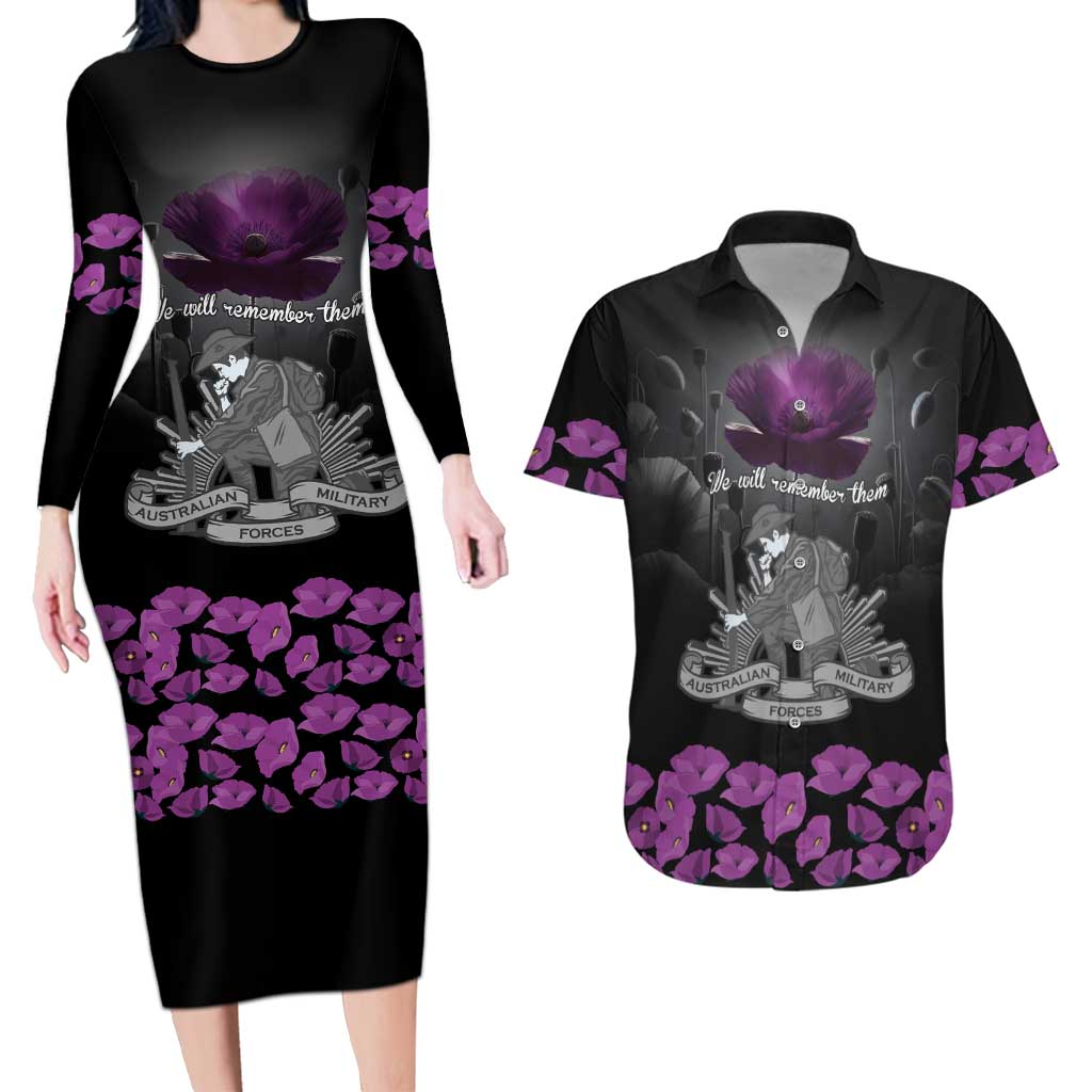 ANZAC Day Remembrance Couples Matching Long Sleeve Bodycon Dress and Hawaiian Shirt Purple Poppy We Will Remember Them