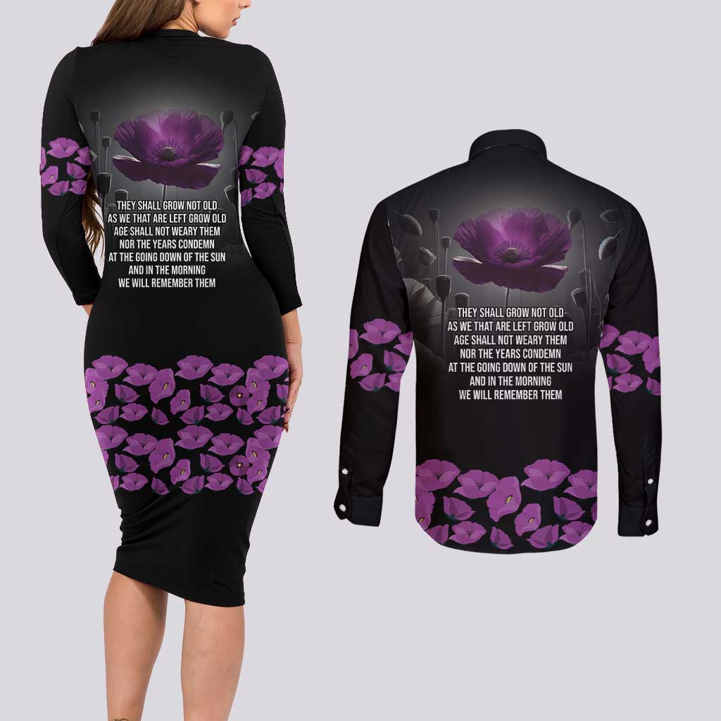 ANZAC Day Remembrance Couples Matching Long Sleeve Bodycon Dress and Long Sleeve Button Shirt Purple Poppy We Will Remember Them