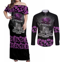 ANZAC Day Remembrance Couples Matching Off Shoulder Maxi Dress and Long Sleeve Button Shirt Purple Poppy We Will Remember Them