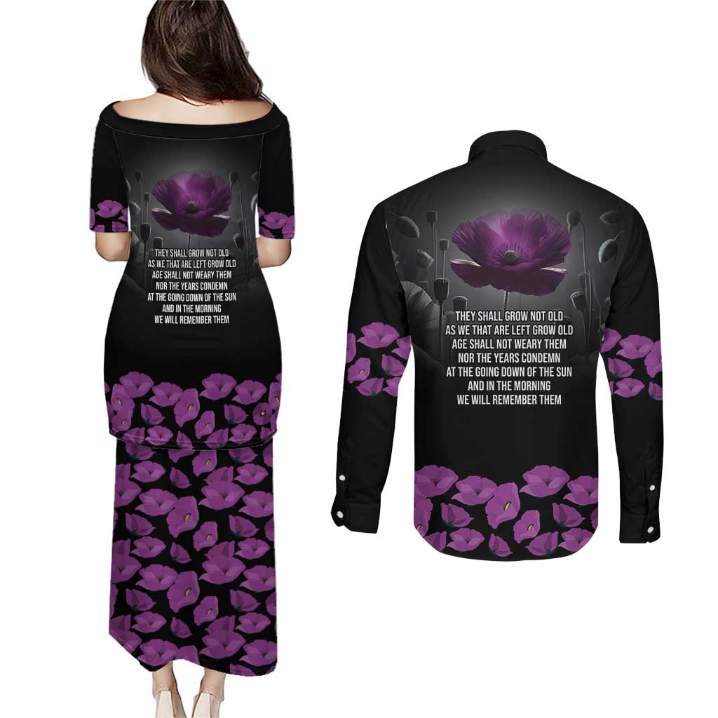 ANZAC Day Remembrance Couples Matching Puletasi and Long Sleeve Button Shirt Purple Poppy We Will Remember Them