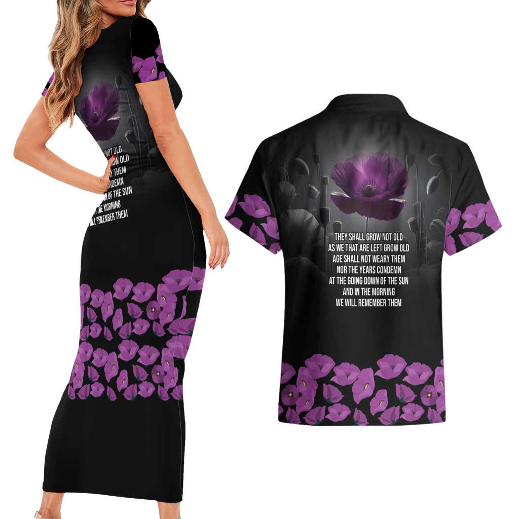 ANZAC Day Remembrance Couples Matching Short Sleeve Bodycon Dress and Hawaiian Shirt Purple Poppy We Will Remember Them