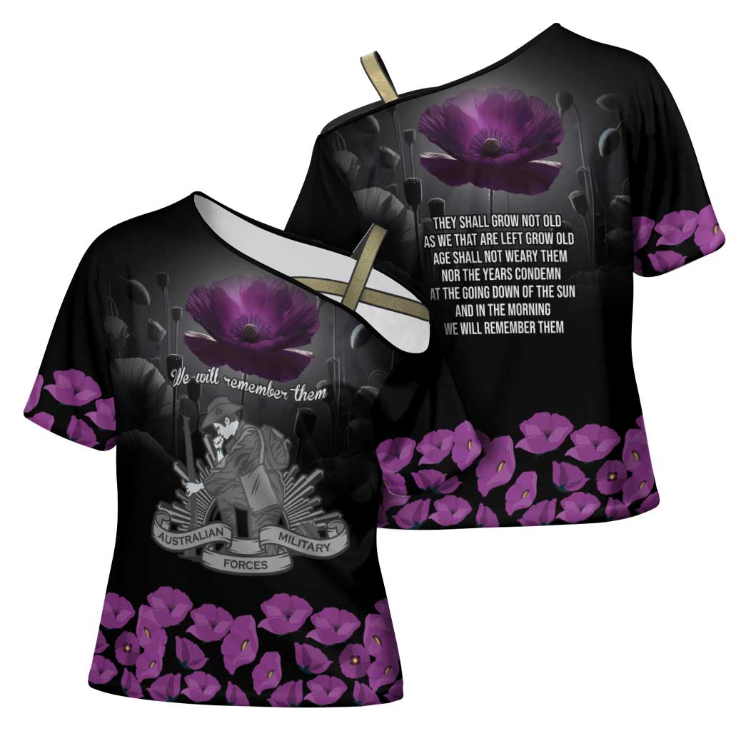 ANZAC Day Remembrance Cross Shoulder Shirt Purple Poppy We Will Remember Them