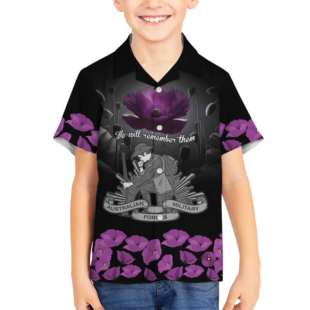 ANZAC Day Remembrance Family Matching Off The Shoulder Long Sleeve Dress and Hawaiian Shirt Purple Poppy We Will Remember Them LT9 Son's Shirt Purple - Polynesian Pride