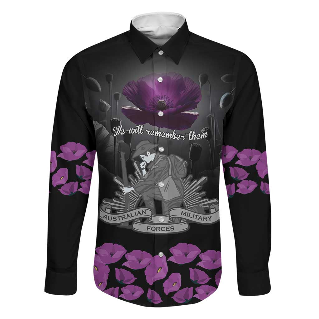 ANZAC Day Remembrance Family Matching Off Shoulder Maxi Dress and Hawaiian Shirt Purple Poppy We Will Remember Them LT9 Dad's Shirt - Long Sleeve Purple - Polynesian Pride