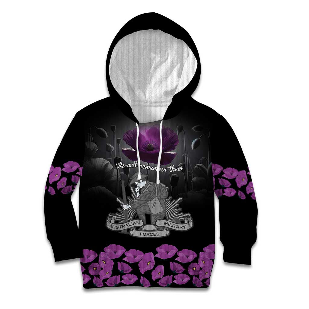 ANZAC Day Remembrance Kid Hoodie Purple Poppy We Will Remember Them