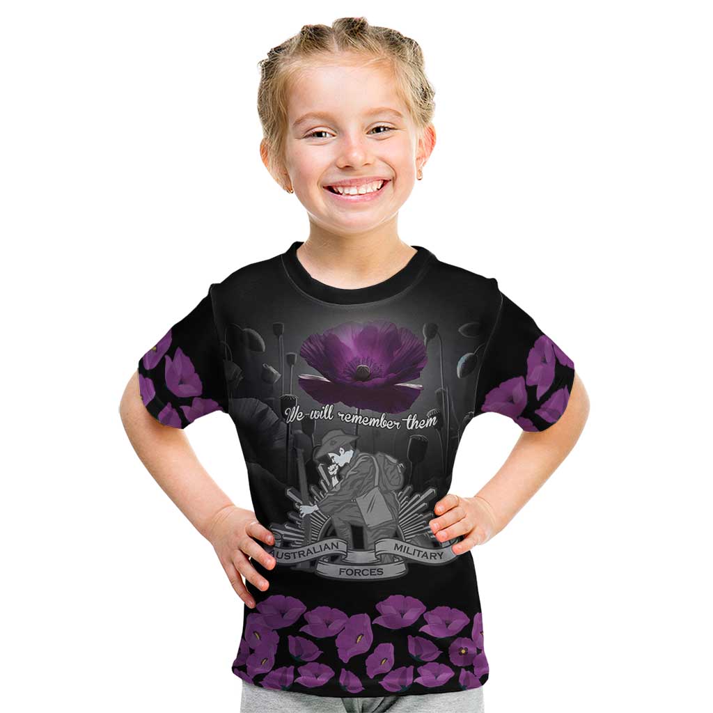 ANZAC Day Remembrance Kid T Shirt Purple Poppy We Will Remember Them