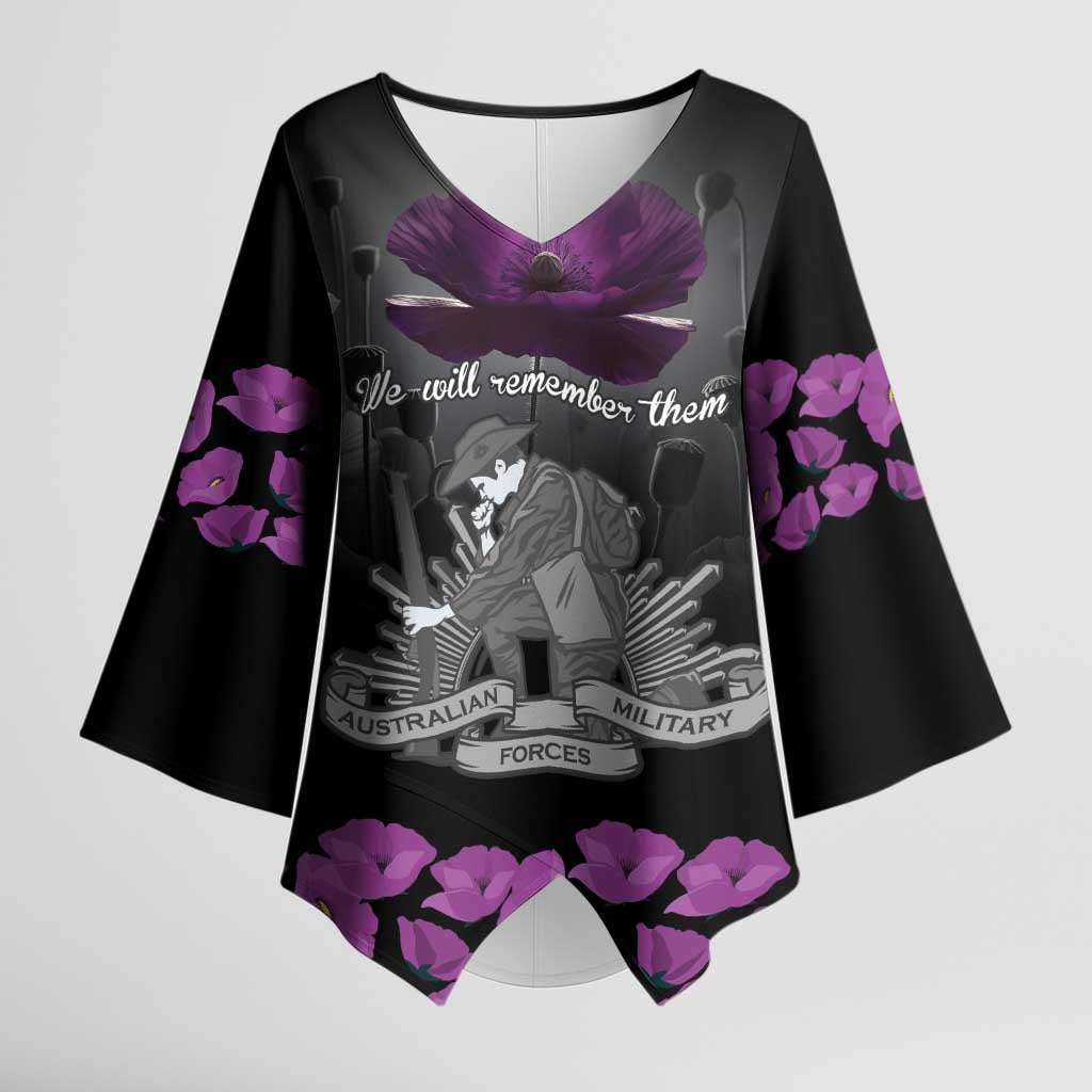 ANZAC Day Remembrance Kimono Sleeve Blouse Purple Poppy We Will Remember Them