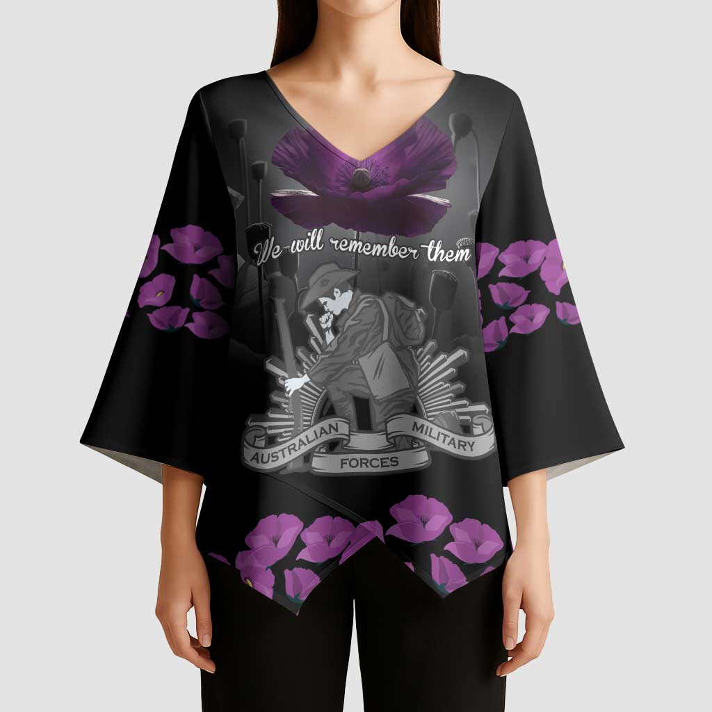 ANZAC Day Remembrance Kimono Sleeve Blouse Purple Poppy We Will Remember Them