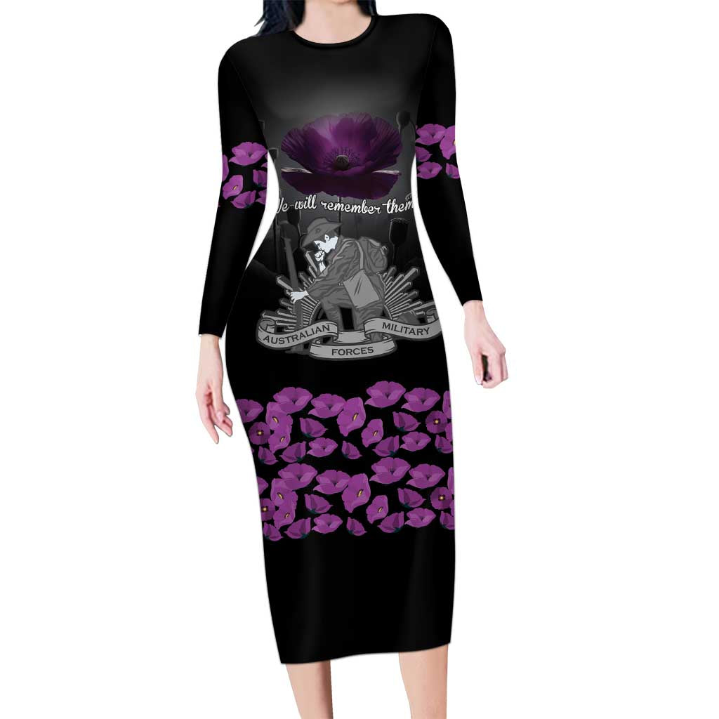 ANZAC Day Remembrance Long Sleeve Bodycon Dress Purple Poppy We Will Remember Them