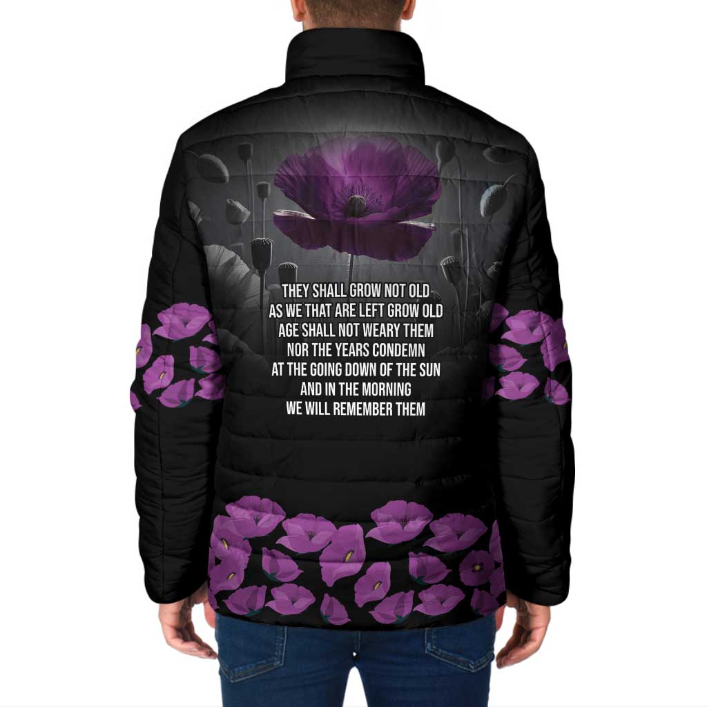 ANZAC Day Remembrance Padded Jacket Purple Poppy We Will Remember Them