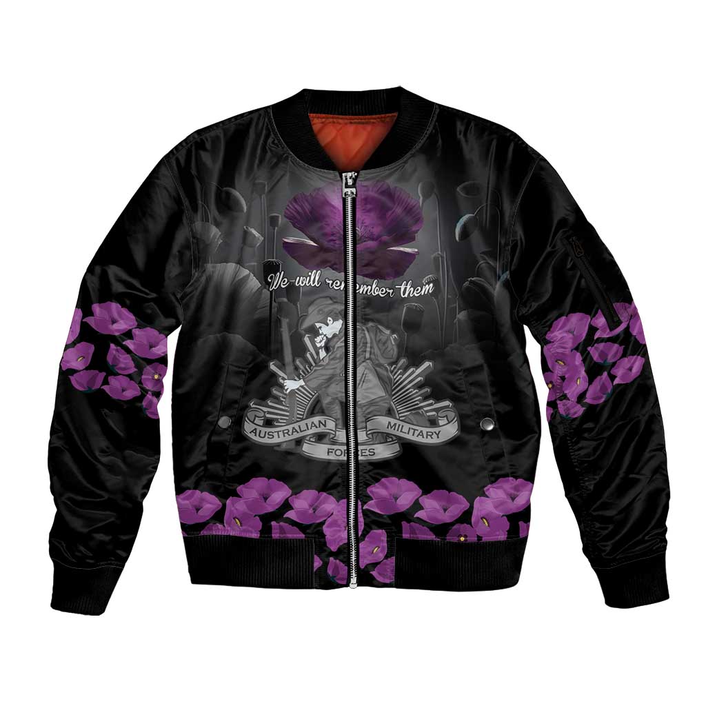 ANZAC Day Remembrance Sleeve Zip Bomber Jacket Purple Poppy We Will Remember Them