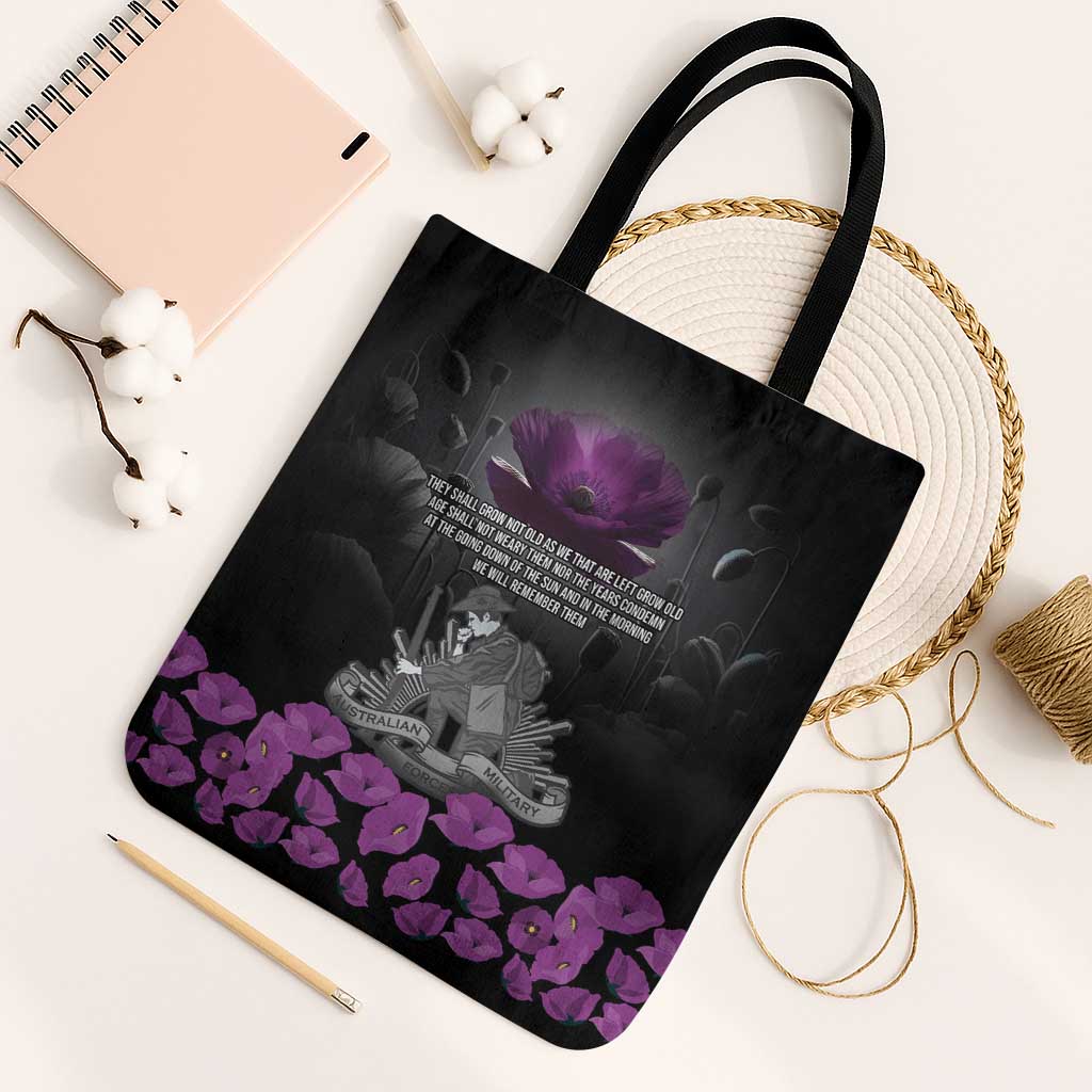 ANZAC Day Remembrance Tote Bag Purple Poppy We Will Remember Them