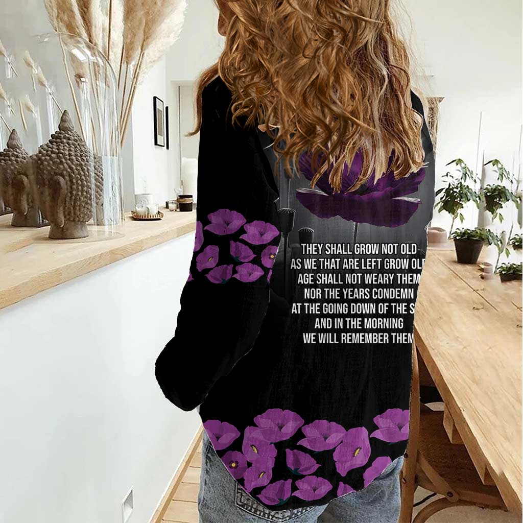 ANZAC Day Remembrance Women Casual Shirt Purple Poppy We Will Remember Them
