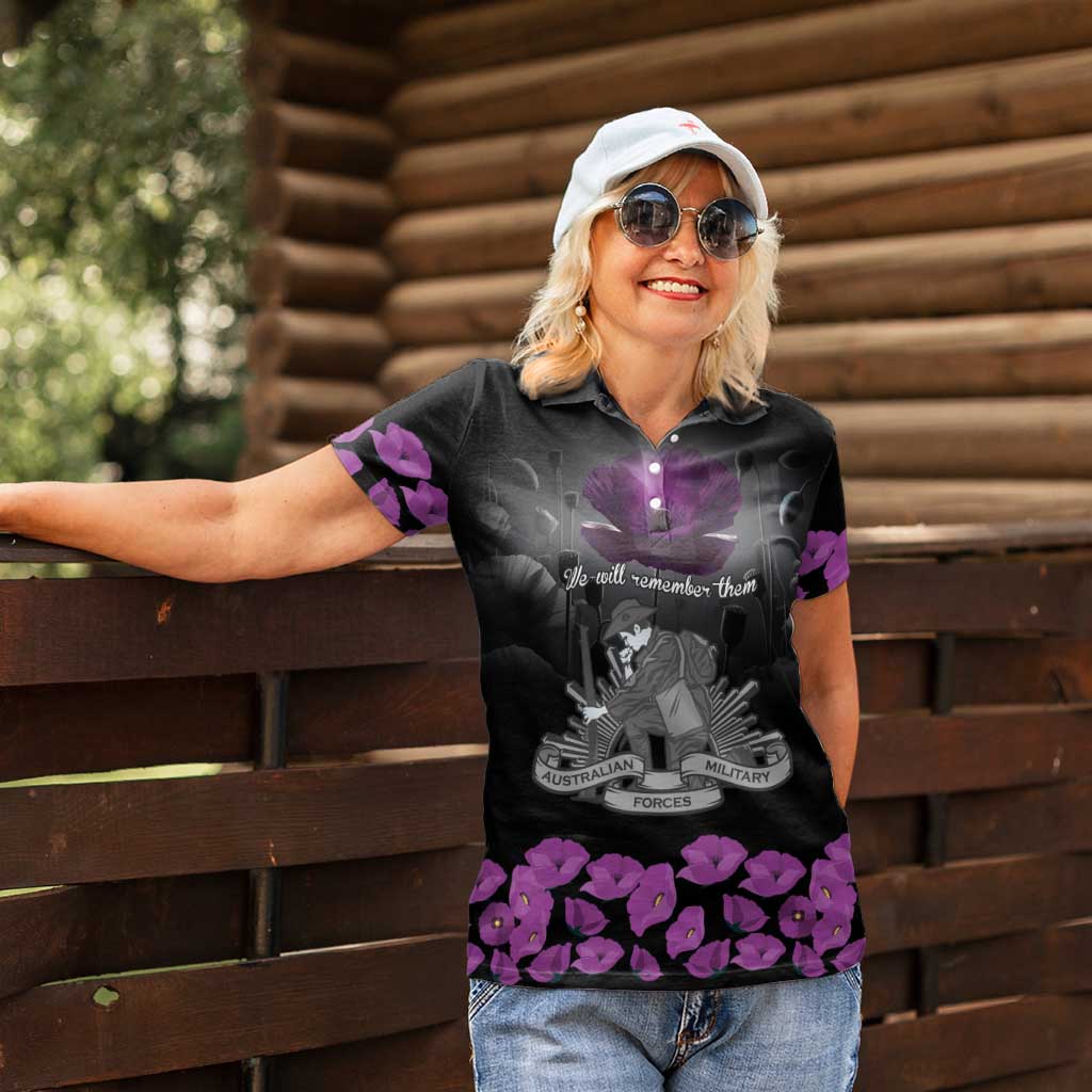 ANZAC Day Remembrance Women Polo Shirt Purple Poppy We Will Remember Them