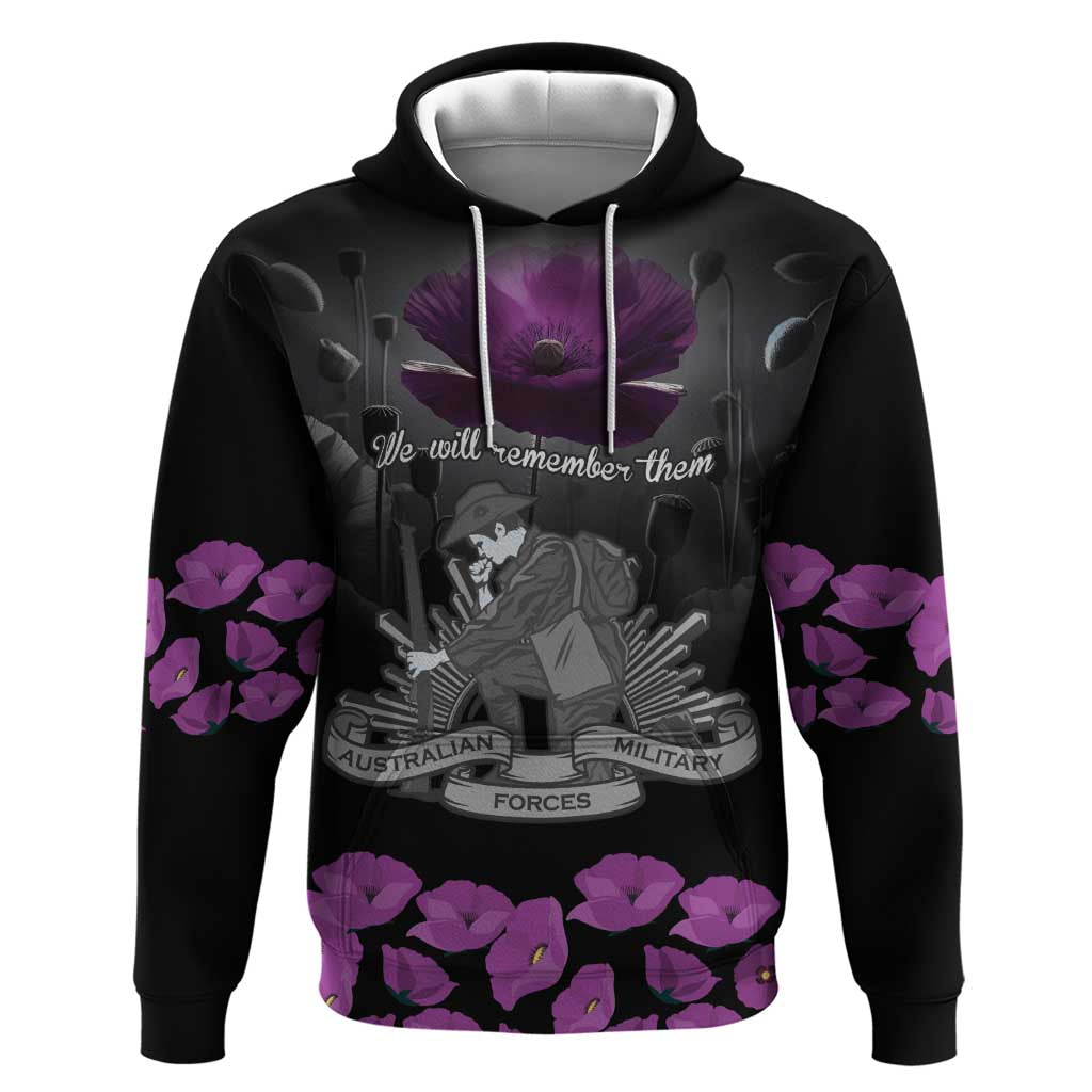 ANZAC Day Remembrance Zip Hoodie Purple Poppy We Will Remember Them