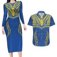 Custom Oceania Football Solomon Kings Couples Matching Long Sleeve Bodycon Dress and Hawaiian Shirt Polynesian Tribal Pattern LT9 Blue - Polynesian Pride