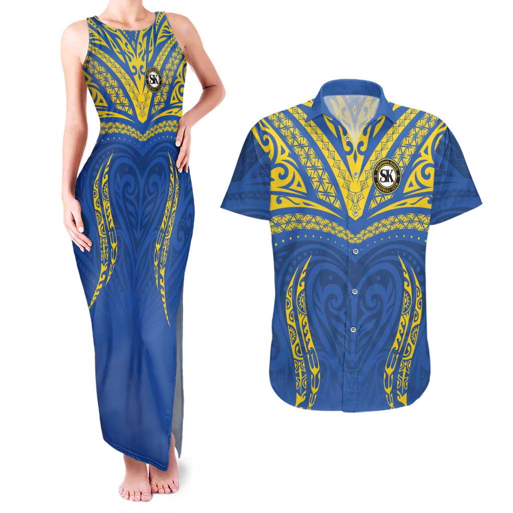 Custom Oceania Football Solomon Kings Couples Matching Tank Maxi Dress and Hawaiian Shirt Polynesian Tribal Pattern