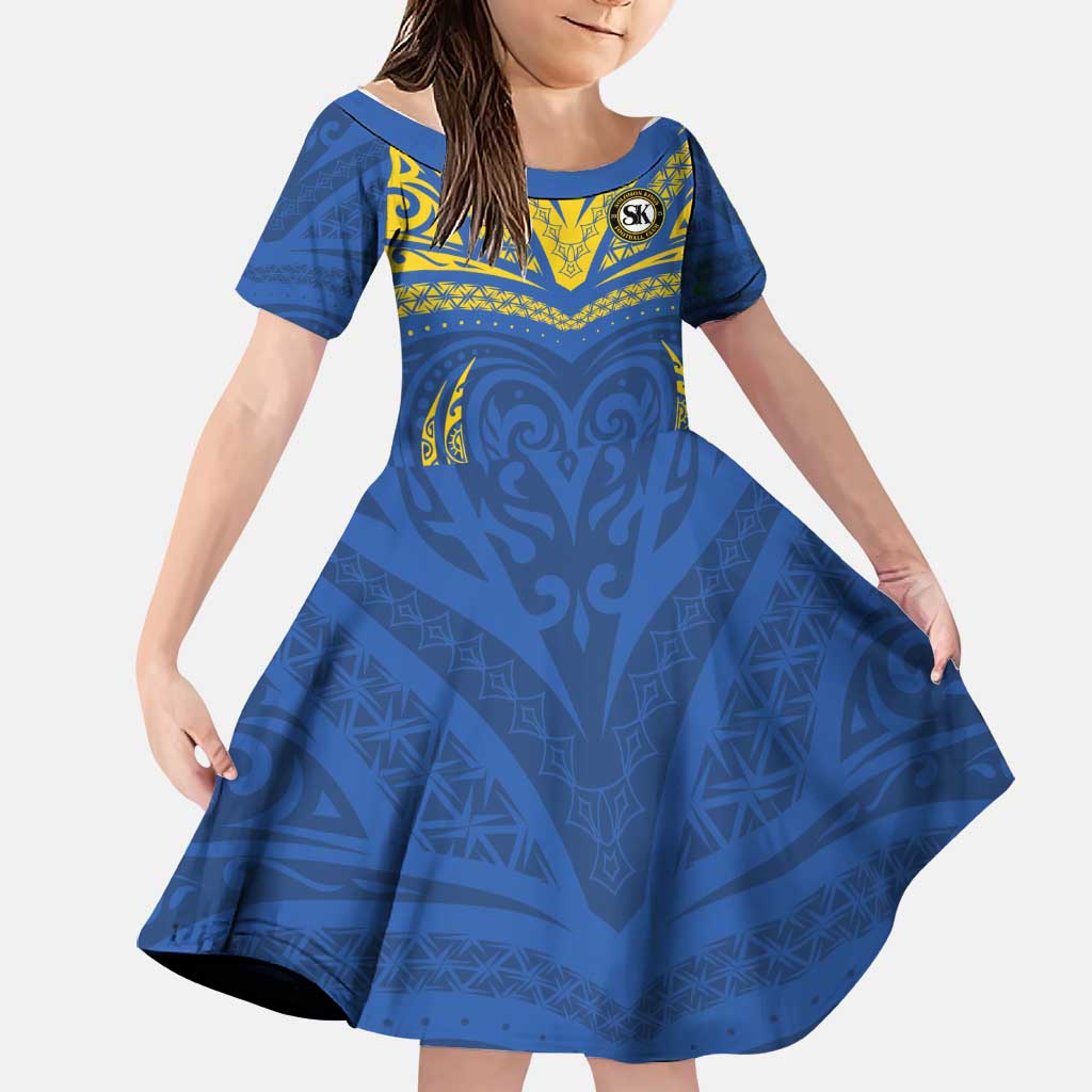 Custom Oceania Football Solomon Kings Family Matching Long Sleeve Bodycon Dress and Hawaiian Shirt Polynesian Tribal Pattern LT9 Daughter's Dress Blue - Polynesian Pride