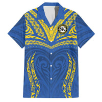 Custom Oceania Football Solomon Kings Family Matching Short Sleeve Bodycon Dress and Hawaiian Shirt Polynesian Tribal Pattern LT9 Dad's Shirt - Short Sleeve Blue - Polynesian Pride