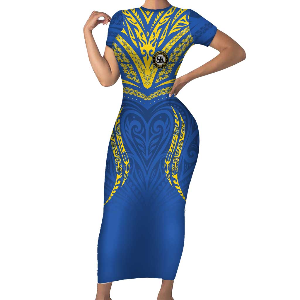 Custom Oceania Football Solomon Kings Family Matching Short Sleeve Bodycon Dress and Hawaiian Shirt Polynesian Tribal Pattern LT9 Mom's Dress Blue - Polynesian Pride