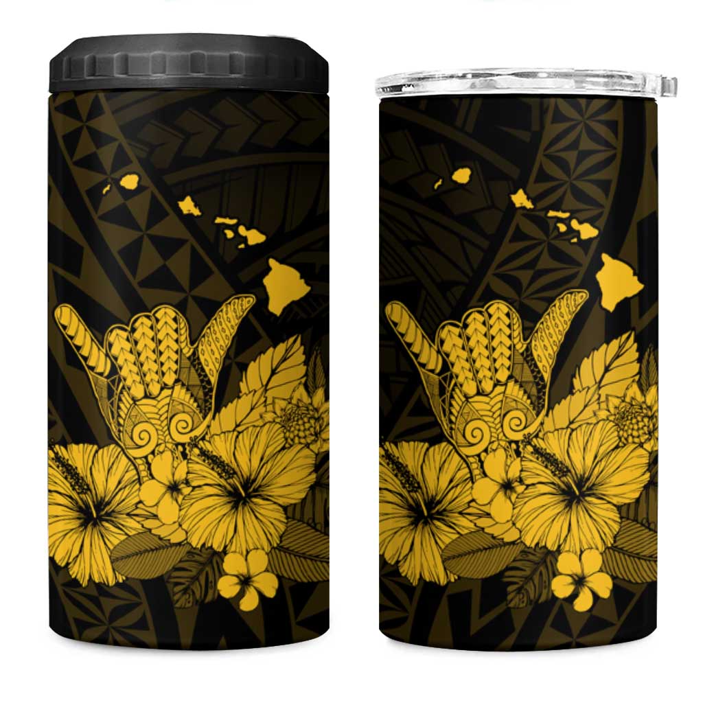 Gold Hawaiian Hibiscus Shaka Sign 4 in 1 Can Cooler Tumbler