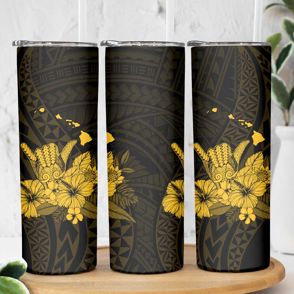 Gold Hawaiian Hibiscus Shaka Sign Skinny Tumbler