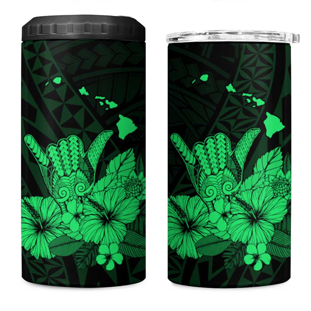 Green Hawaiian Hibiscus Shaka Sign 4 in 1 Can Cooler Tumbler