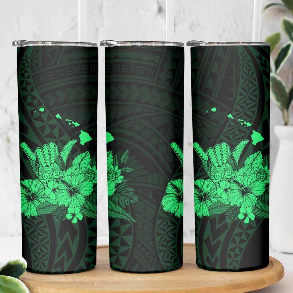 Green Hawaiian Hibiscus Shaka Sign Skinny Tumbler