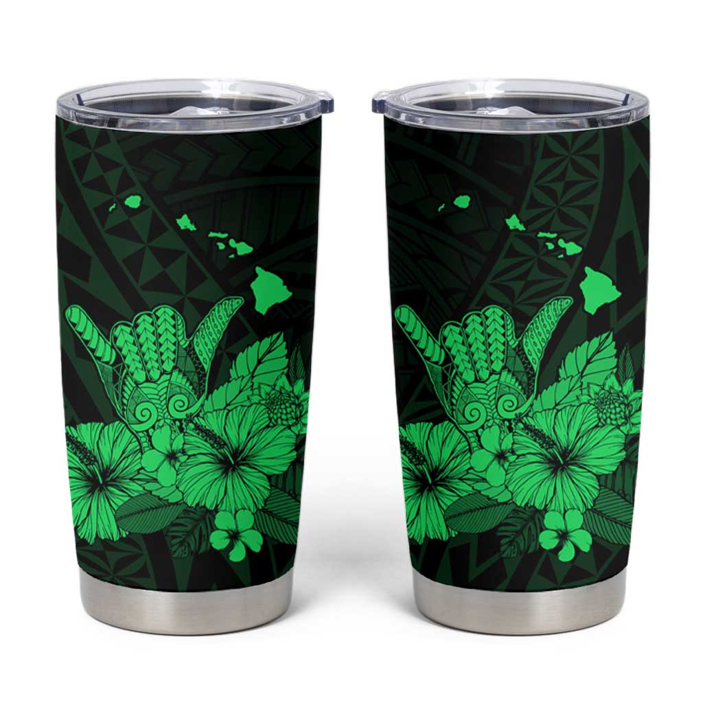 Green Hawaiian Hibiscus Shaka Sign Tumbler Cup