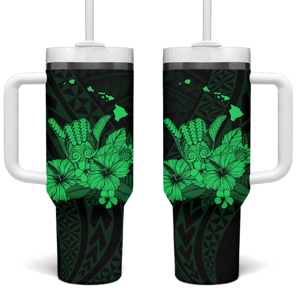 Green Hawaiian Hibiscus Shaka Sign Tumbler With Handle