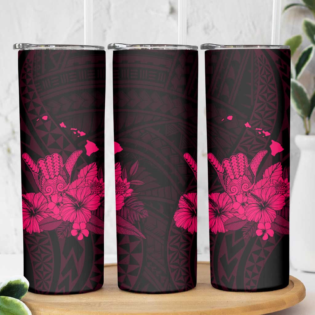 Pink Hawaiian Hibiscus Shaka Sign Skinny Tumbler