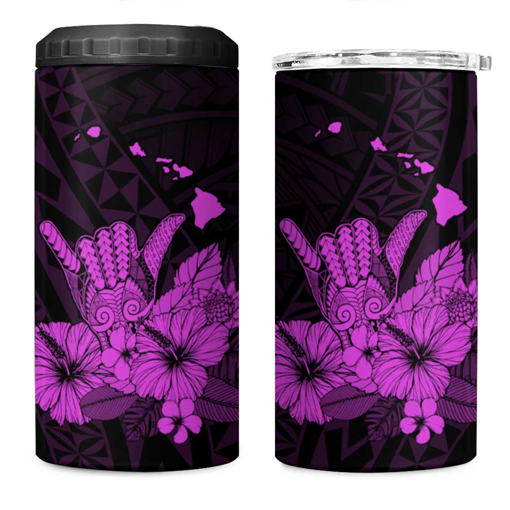 Purple Hawaiian Hibiscus Shaka Sign 4 in 1 Can Cooler Tumbler