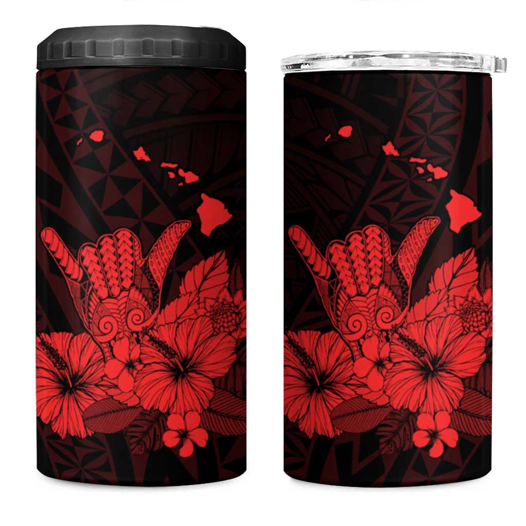 Red Hawaiian Hibiscus Shaka Sign 4 in 1 Can Cooler Tumbler