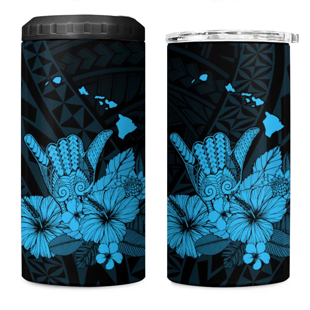 Blue Hawaiian Hibiscus Shaka Sign 4 in 1 Can Cooler Tumbler