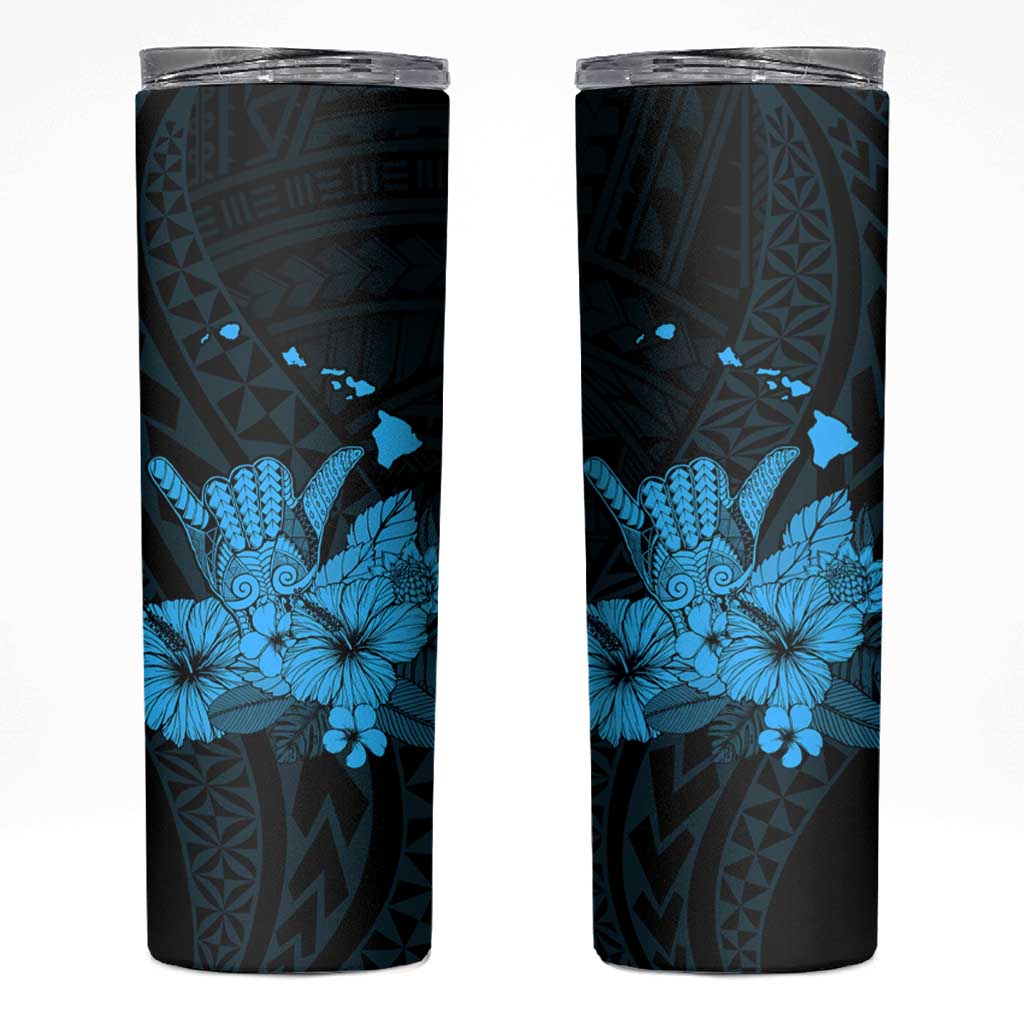 Blue Hawaiian Hibiscus Shaka Sign Skinny Tumbler