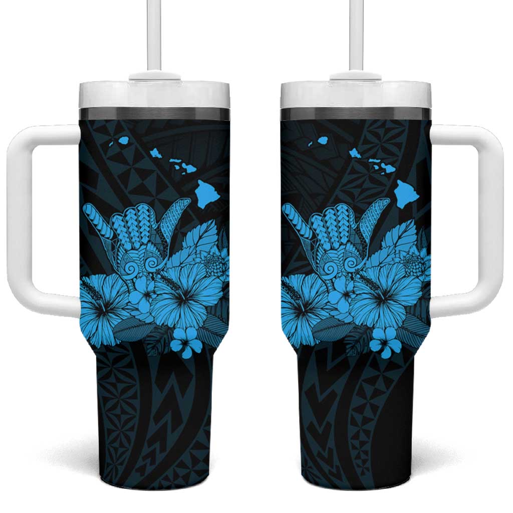 Blue Hawaiian Hibiscus Shaka Sign Tumbler With Handle